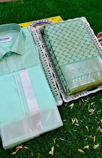 Elegant Silk Dhoti Shirt & Saree Couple Combo coordinated look for special occasions - REXONA (2)