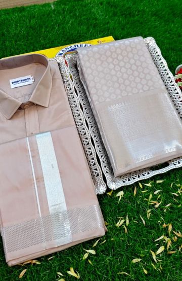 Elegant Silk Dhoti Shirt & Saree Couple Combo coordinated look for special occasions - CHOCOLATE COLOR (2)