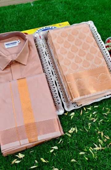 Elegant Silk Dhoti Shirt & Saree Couple Combo coordinated look for special occasions - CREAM COLOR (2)