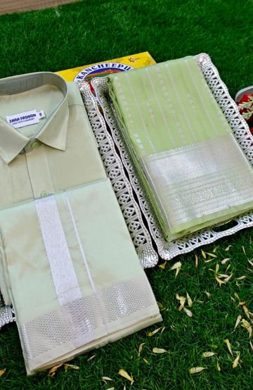 Elegant Silk Dhoti Shirt & Saree Couple Combo coordinated look for special occasions - LIGHT GREEN (2)
