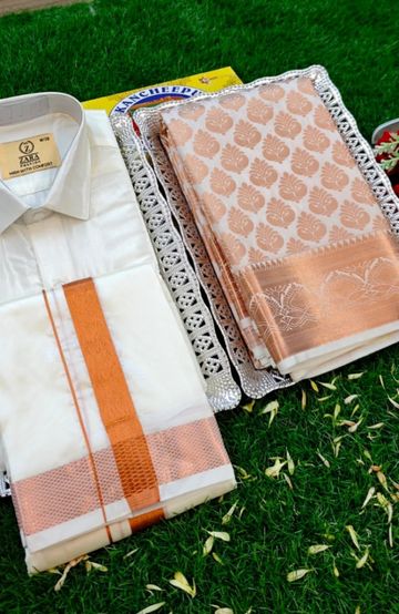 Elegant Silk Dhoti Shirt & Saree Couple Combo coordinated look for special occasions - BEIGE COLOUR (2)