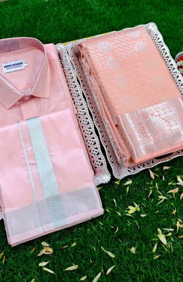 Elegant Silk Dhoti Shirt & Saree Couple Combo coordinated look for special occasions - BABY PINK (2)