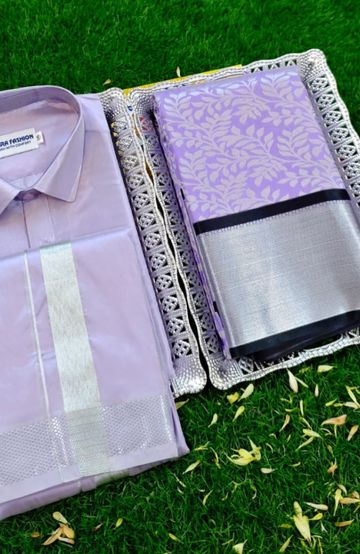 Elegant Silk Dhoti Shirt & Saree Couple Combo coordinated look for special occasions - LEVENDOR (2)