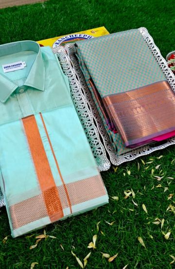 Elegant Silk Dhoti Shirt & Saree Couple Combo coordinated look for special occasions - REXONA (3)