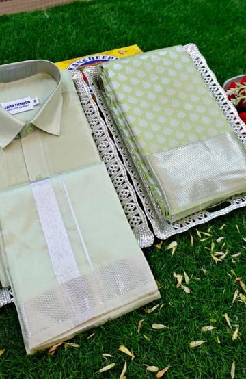 Elegant Silk Dhoti Shirt & Saree Couple Combo coordinated look for special occasions - LIGHT GREEN (3)