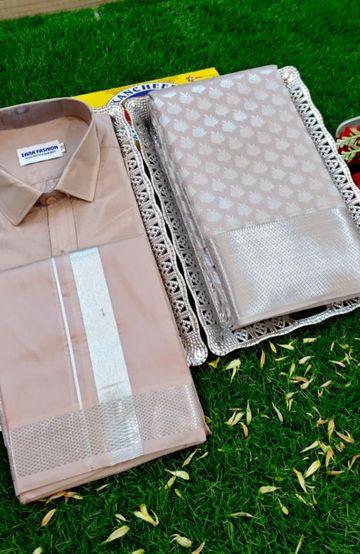 Elegant Silk Dhoti Shirt & Saree Couple Combo coordinated look for special occasions - CHOCOLATE COLOR (3)