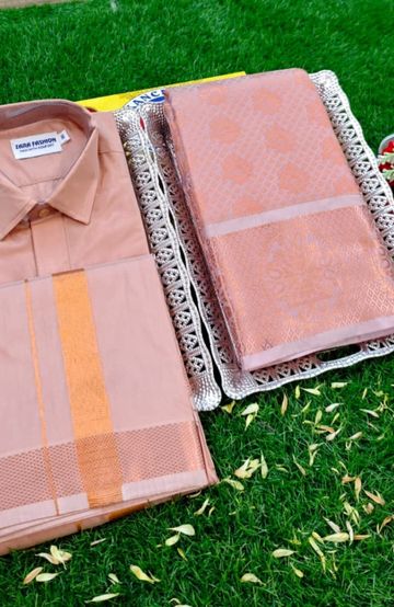 Elegant Silk Dhoti Shirt & Saree Couple Combo coordinated look for special occasions - CREAM COLOR (3)