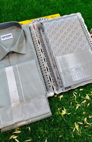 Elegant Silk Dhoti Shirt & Saree Couple Combo coordinated look for special occasions - GRAY (3)