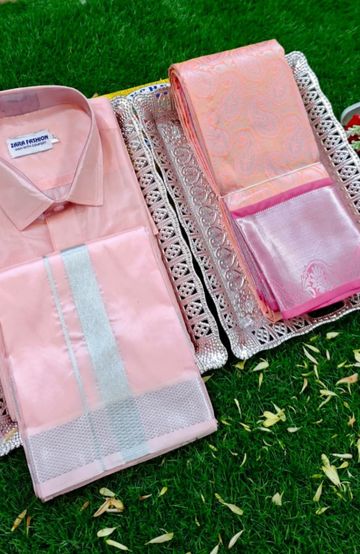 Elegant Silk Dhoti Shirt & Saree Couple Combo coordinated look for special occasions - BABY PINK (3)