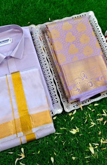 Elegant Silk Dhoti Shirt & Saree Couple Combo coordinated look for special occasions - LEVENDOR (3)