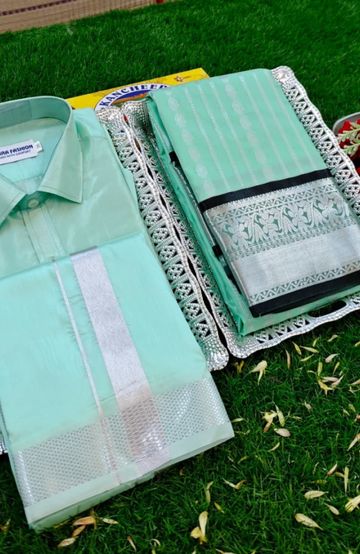 Elegant Silk Dhoti Shirt & Saree Couple Combo coordinated look for special occasions - REXONA (4)