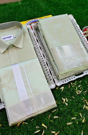 Elegant Silk Dhoti Shirt & Saree Couple Combo coordinated look for special occasions - LIGHT GREEN (4)