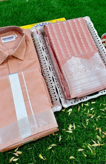 Elegant Silk Dhoti Shirt & Saree Couple Combo coordinated look for special occasions - CREAM COLOR (4)