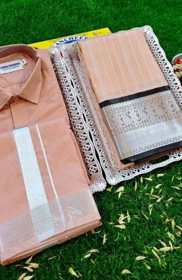 Elegant Silk Dhoti Shirt & Saree Couple Combo coordinated look for special occasions - CREAM COLOR (5)