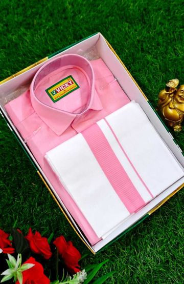 SHIRTS & DHOTIS COMBO FOR MENS ADJUSTABLE DHOTIS WITH COLOUR MATCHING BORDER BEST CHOICE FOR BOYS - BABY PINK