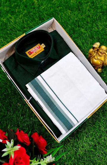 SHIRTS & DHOTIS COMBO FOR MENS ADJUSTABLE DHOTIS WITH COLOUR MATCHING BORDER BEST CHOICE FOR BOYS - BOTTLE GREEN