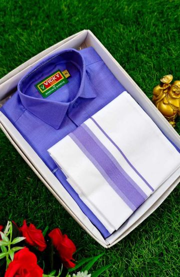 SHIRTS & DHOTIS COMBO FOR MENS ADJUSTABLE DHOTIS WITH COLOUR MATCHING BORDER BEST CHOICE FOR BOYS - LIGHT BLUE N