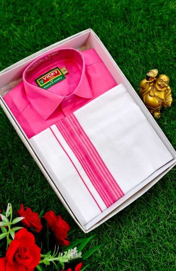 SHIRTS & DHOTIS COMBO FOR MENS ADJUSTABLE DHOTIS WITH COLOUR MATCHING BORDER BEST CHOICE FOR BOYS - LIGHT PINK