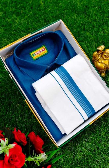SHIRTS & DHOTIS COMBO FOR MENS ADJUSTABLE DHOTIS WITH COLOUR MATCHING BORDER BEST CHOICE FOR BOYS - PEACKOK BLUE