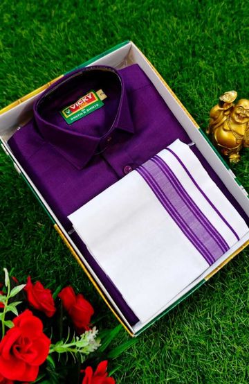 SHIRTS & DHOTIS COMBO FOR MENS ADJUSTABLE DHOTIS WITH COLOUR MATCHING BORDER BEST CHOICE FOR BOYS - PURPLE COLOUR