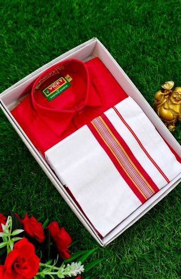 SHIRTS & DHOTIS COMBO FOR MENS ADJUSTABLE DHOTIS WITH COLOUR MATCHING BORDER BEST CHOICE FOR BOYS - RED (1)