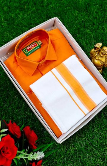 SHIRTS & DHOTIS COMBO FOR MENS ADJUSTABLE DHOTIS WITH COLOUR MATCHING BORDER BEST CHOICE FOR BOYS - ORANGE (1)