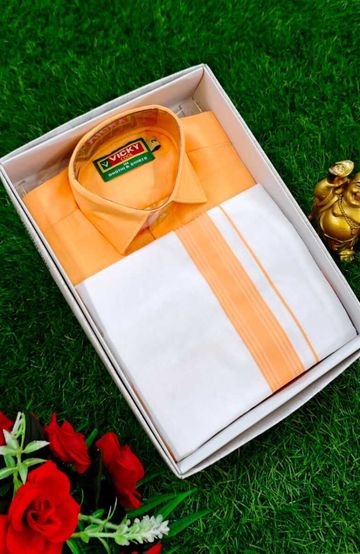 SHIRTS & DHOTIS COMBO FOR MENS ADJUSTABLE DHOTIS WITH COLOUR MATCHING BORDER BEST CHOICE FOR BOYS - LIGHT ORANGE