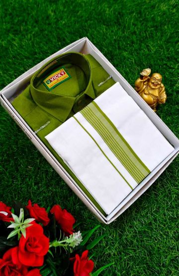 SHIRTS & DHOTIS COMBO FOR MENS ADJUSTABLE DHOTIS WITH COLOUR MATCHING BORDER BEST CHOICE FOR BOYS - MEHENDHI GREEN