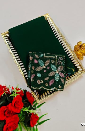 GEORGETTE FANCY SOFT SILK SAREES WITH BLOUSE MODERN FANCY ITEM SAREES - BOTTLE GREEN (7)