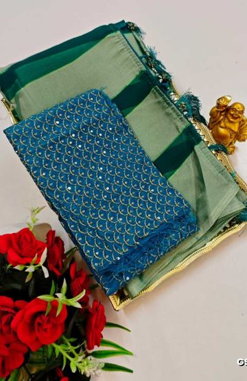 GEORGETTE FANCY SOFT SILK SAREES WITH BLOUSE MODERN FANCY ITEM SAREES - LITE TEAL (1)