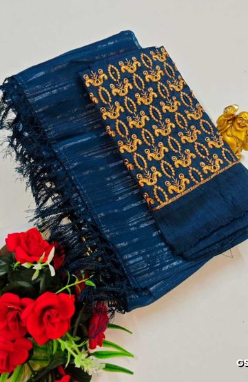 GEORGETTE FANCY SOFT SILK SAREES WITH BLOUSE MODERN FANCY ITEM SAREES - PEACOCK BLUE (6)