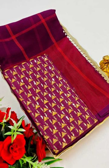 GEORGETTE FANCY SOFT SILK SAREES WITH BLOUSE MODERN FANCY ITEM SAREES - WINE COLOUR (6)