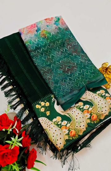 GEORGETTE FANCY SOFT SILK SAREES WITH BLOUSE MODERN FANCY ITEM SAREES - DARK GREEN (6)