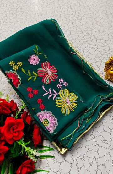 GEORGETTE FANCY SOFT SILK SAREES WITH BLOUSE MODERN FANCY ITEM SAREES - PEACOCK GREEN (1)