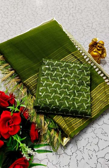 GEORGETTE FANCY SOFT SILK SAREES WITH BLOUSE MODERN FANCY ITEM SAREES - MEHENDHI GREEN
