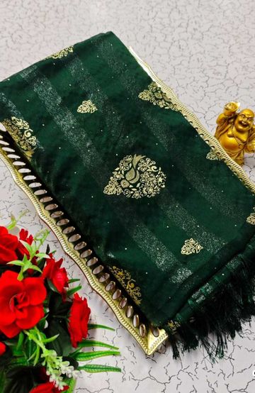 GEORGETTE FANCY SOFT SILK SAREES WITH BLOUSE MODERN FANCY ITEM SAREES - BOTTLE GREEN (8)