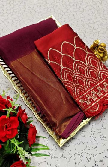 GEORGETTE FANCY SOFT SILK SAREES WITH BLOUSE MODERN FANCY ITEM SAREES - MERUN (8)