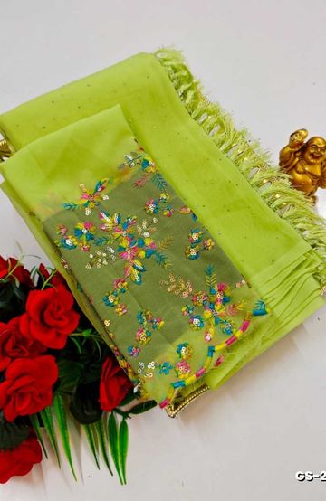 GEORGETTE FANCY SOFT SILK SAREES WITH BLOUSE MODERN FANCY ITEM SAREES - FLORAISON GREEN (4)