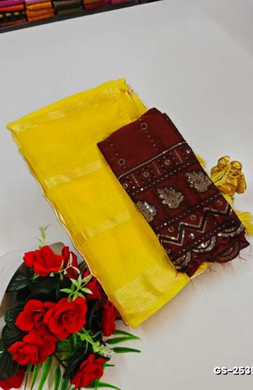 GEORGETTE FANCY SOFT SILK SAREES WITH BLOUSE MODERN FANCY ITEM SAREES - YELLOW (6)