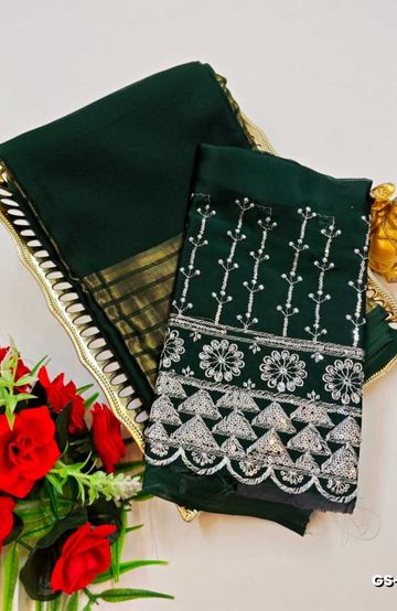 GEORGETTE FANCY SOFT SILK SAREES WITH BLOUSE MODERN FANCY ITEM SAREES - BOTTLE GREEN (9)