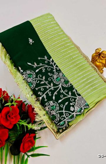GEORGETTE FANCY SOFT SILK SAREES WITH BLOUSE MODERN FANCY ITEM SAREES - FLORAISON GREEN (5)