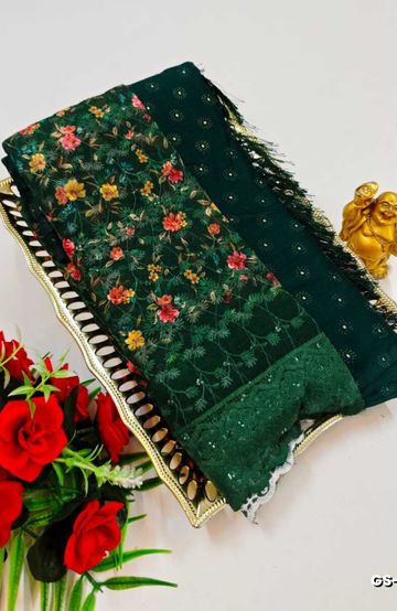 GEORGETTE FANCY SOFT SILK SAREES WITH BLOUSE MODERN FANCY ITEM SAREES - BOTTLE GREEN (10)
