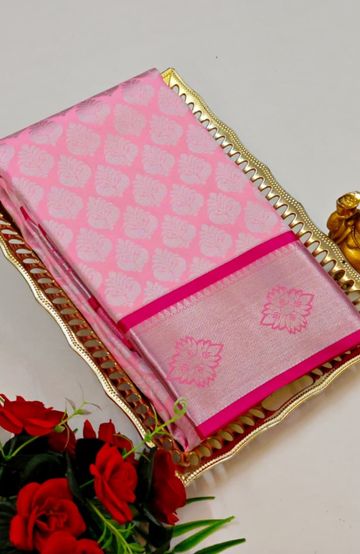 BRIDAL SILK GOLD SILVAR AND COPPER ZARI WEAVE AND WEDDING ART SILK SAREES - BABY PINK (13)
