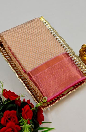 BRIDAL SILK GOLD SILVAR AND COPPER ZARI WEAVE AND WEDDING ART SILK SAREES - PEACH COLOUR (5)