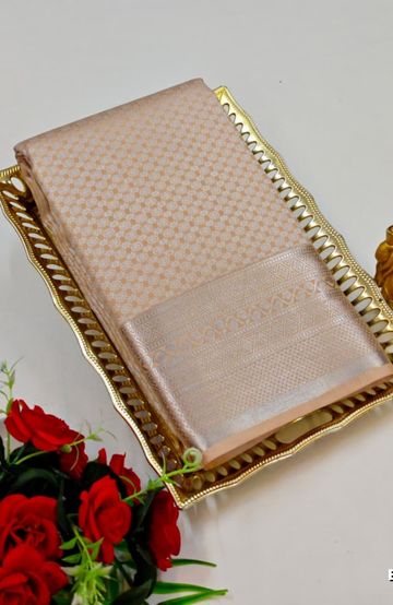 BRIDAL SILK GOLD SILVAR AND COPPER ZARI WEAVE AND WEDDING ART SILK SAREES - LIGHT PEACH (4)