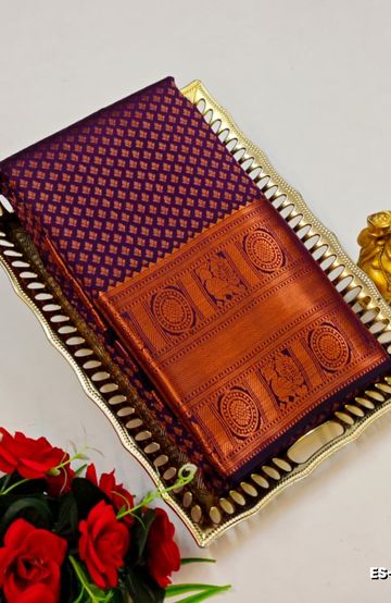 BRIDAL SILK GOLD SILVAR AND COPPER ZARI WEAVE AND WEDDING ART SILK SAREES - WINE COLOUR (2)