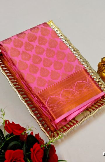BRIDAL SILK GOLD SILVAR AND COPPER ZARI WEAVE AND WEDDING ART SILK SAREES - LIGHT PINK (18)