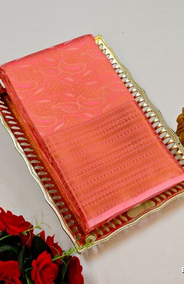 BRIDAL SILK GOLD SILVAR AND COPPER ZARI WEAVE AND WEDDING ART SILK SAREES - LITE PEACH