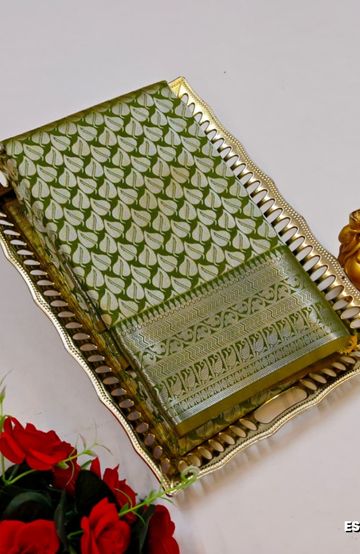 BRIDAL SILK GOLD SILVAR AND COPPER ZARI WEAVE AND WEDDING ART SILK SAREES - OLIVE GREEN (6)