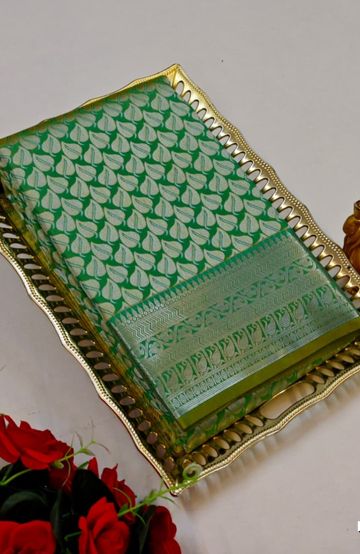 BRIDAL SILK GOLD SILVAR AND COPPER ZARI WEAVE AND WEDDING ART SILK SAREES - EMERALD COLOUR (6)